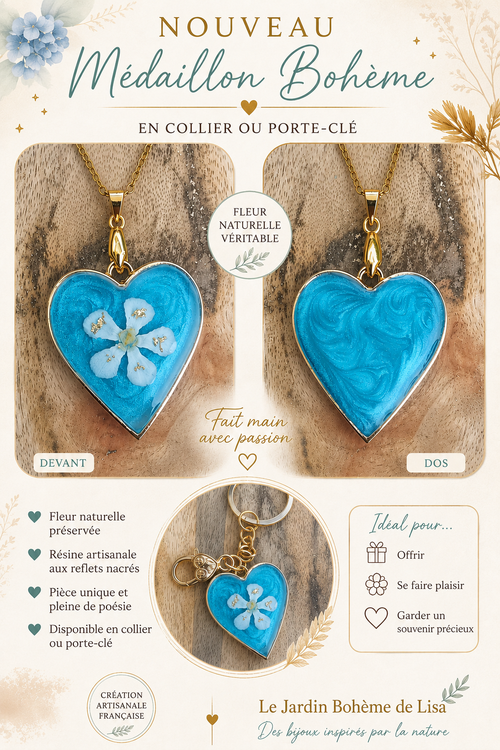🩵Collier fleurs séchées - "Cœur de Brume".