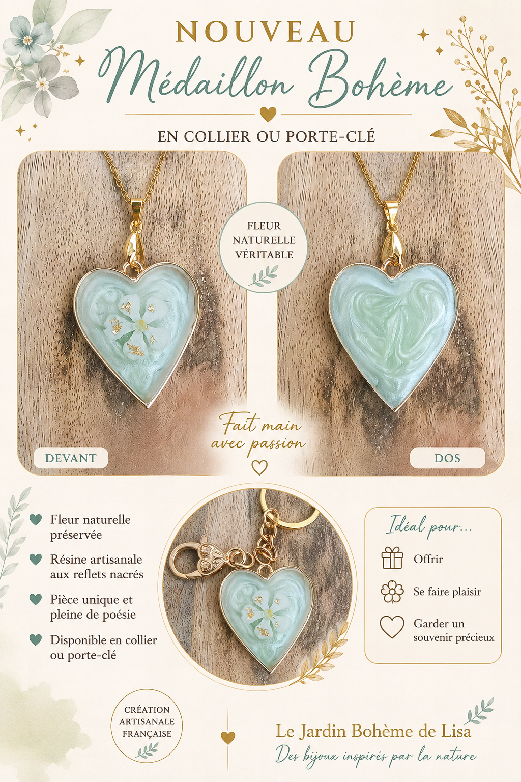 💚 Collier fleurs séchées - "Cœur d’Émeraude".