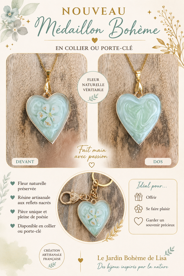 💚 Collier fleurs séchées - "Cœur d’Émeraude".