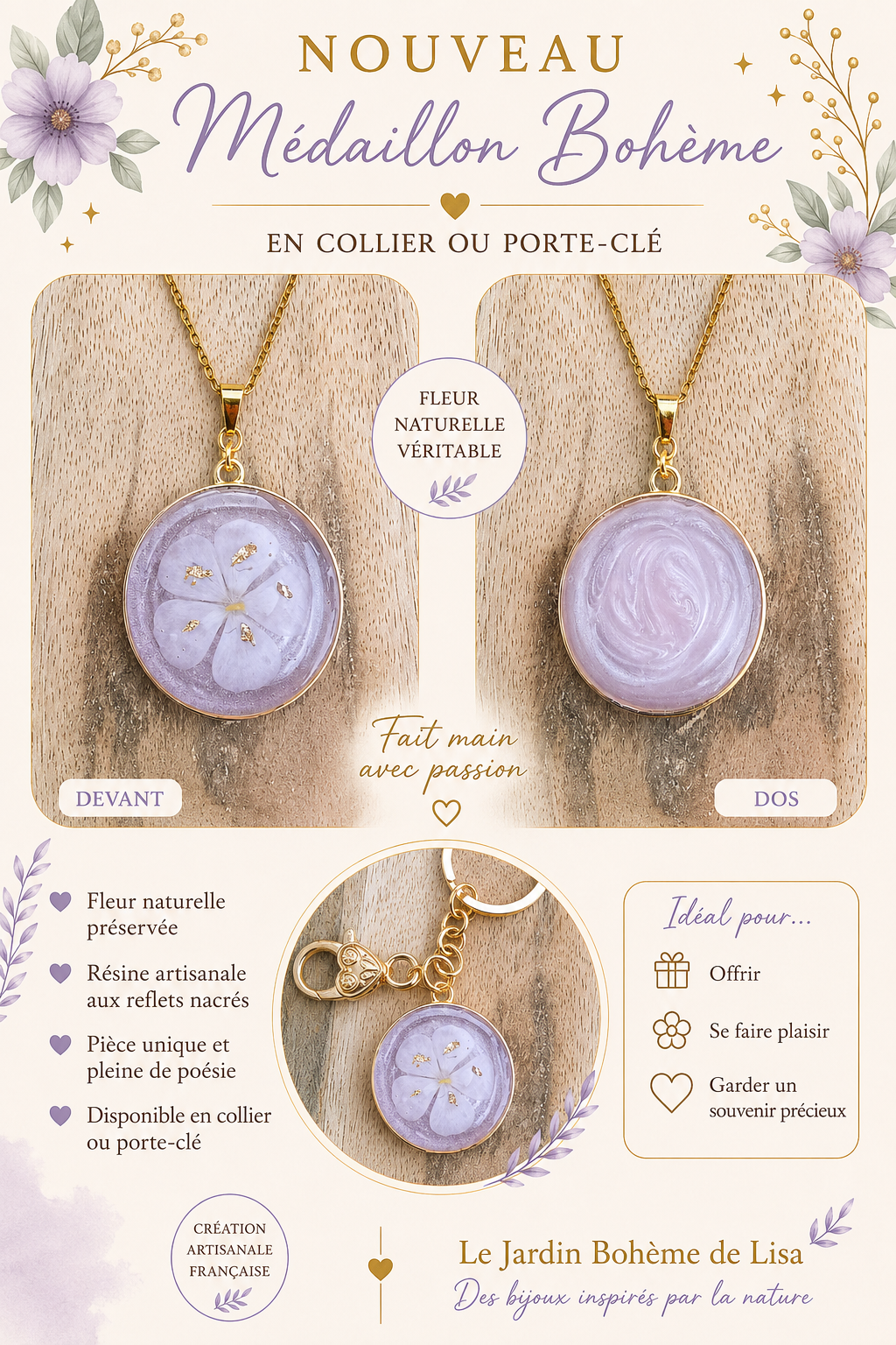 🩷Collier fleurs séchées - "Roséa".