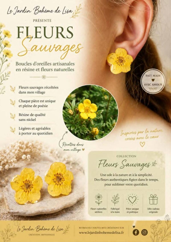 💛☀️ Boucles d'Oreilles fleurs séchées - "Fleurs Sauvages" ☀️💛