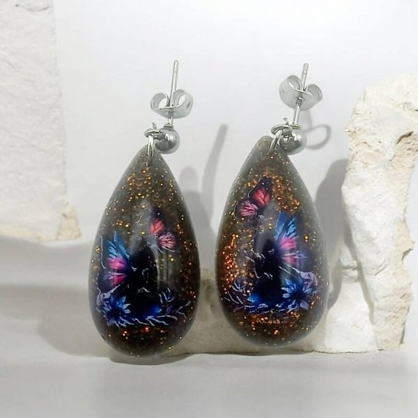 💧 Boucles d'Oreilles artisanales en résine - Papillons de Minuit 🦋✨