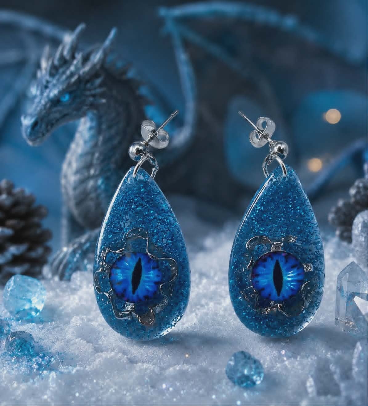 💧Boucles d'oreilles - Collection Gouttes Enchantées - ❄️ L'Œil du Dragon de Givre - 30 mm.