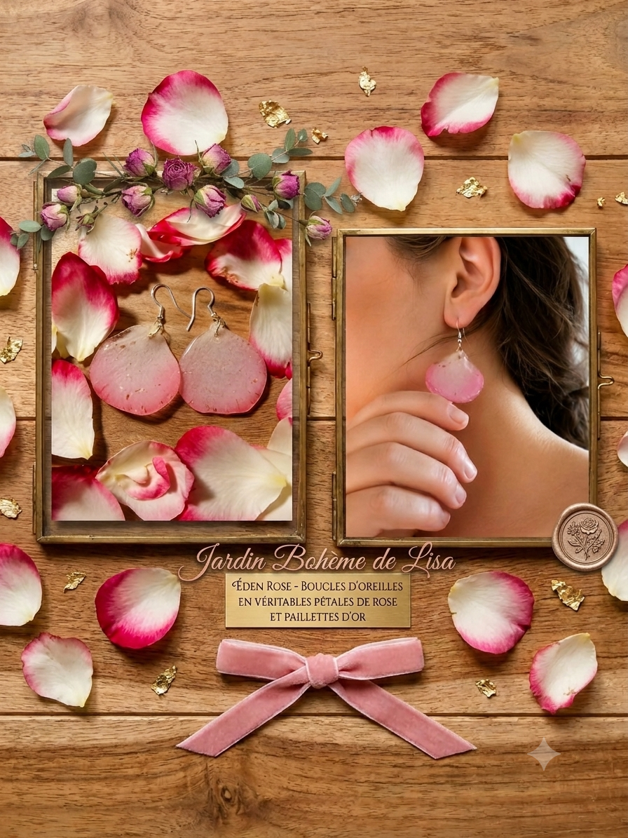 💗 Boucles d'Oreilles fleurs séchées - "Éden Rose" - Véritables pétales de rose. 💗