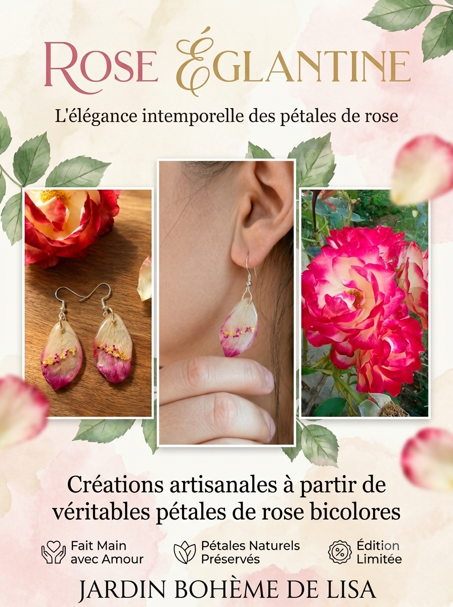 💗Boucles d'Oreilles fleurs séchées - "Rose Églantine" – Véritables pétales de rose et résine. 💗