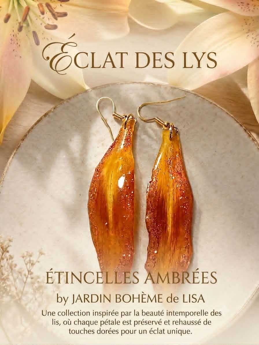 ⚜️ Boucles d'Oreilles fleurs séchées – Pétales de Lys - "Étincelles Ambrées". ⚜️