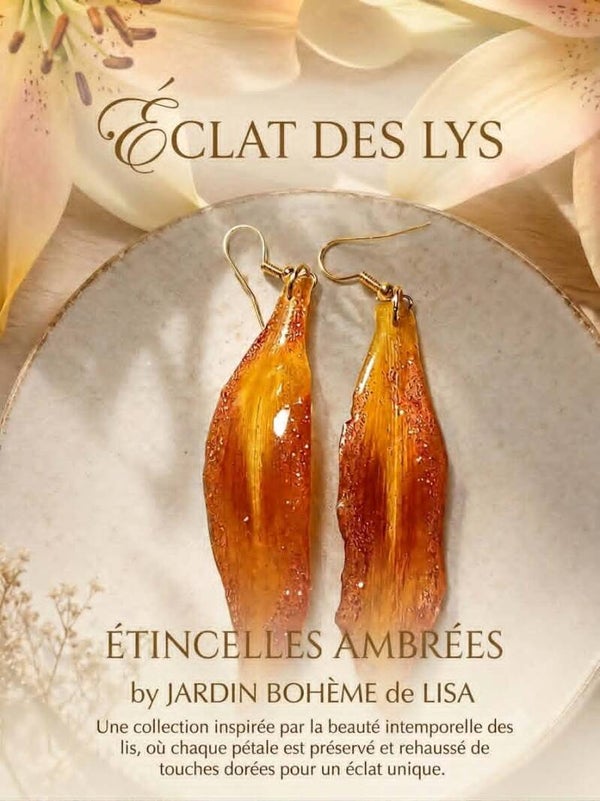 ⚜️ Boucles d'Oreilles fleurs séchées – Pétales de Lys - "Étincelles Ambrées". ⚜️