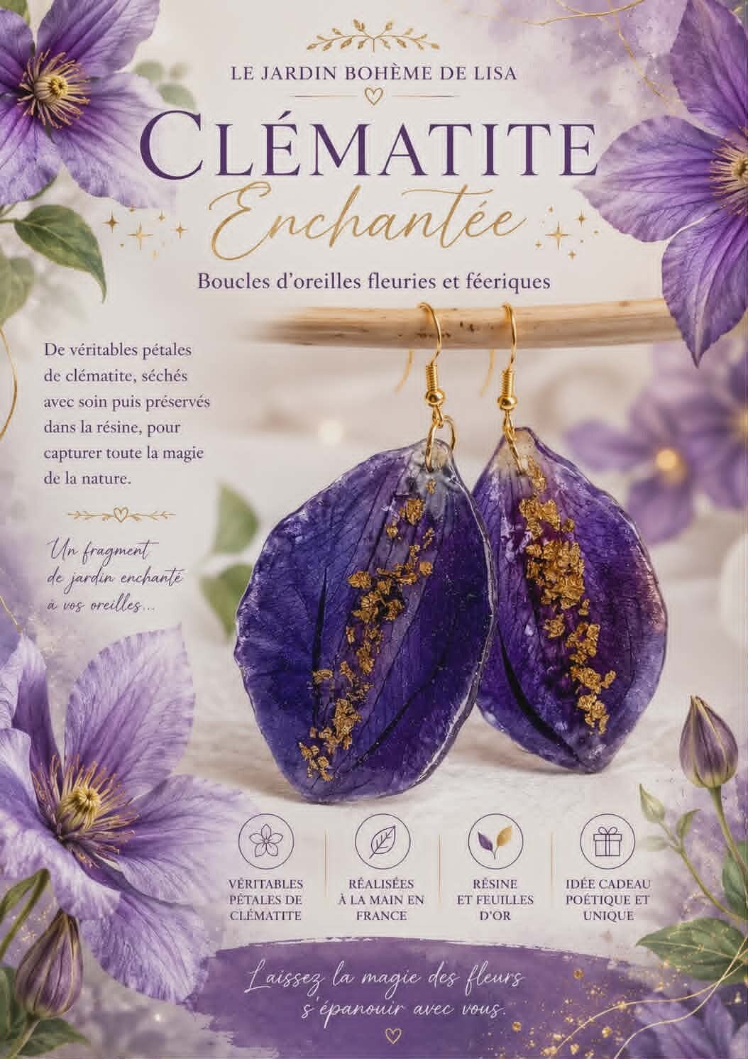 💜 Boucles d'Oreilles fleurs séchées "Clématite Enchantée".