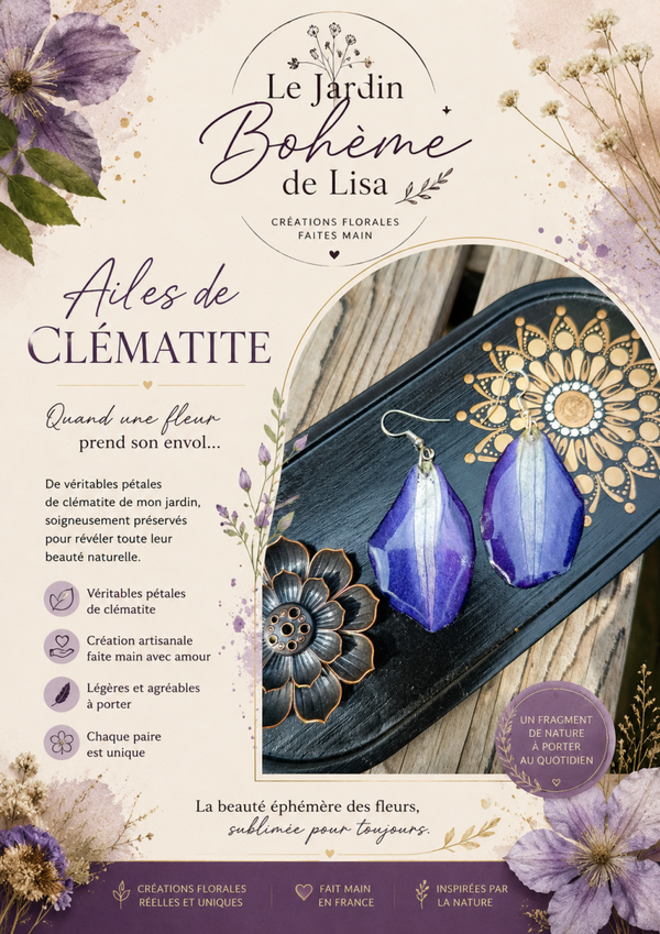 💜 Boucles d'Oreilles fleurs séchées - "Ailes de Clématite".