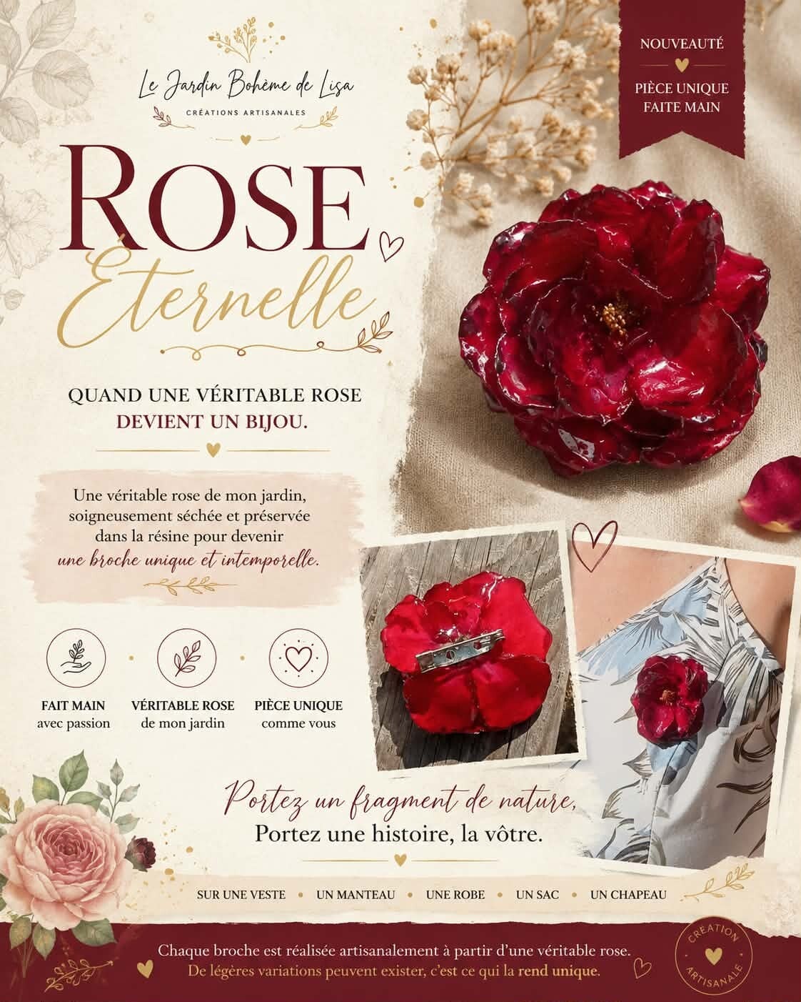 🌹Broche fleur séchée - "Rose Éternelle".