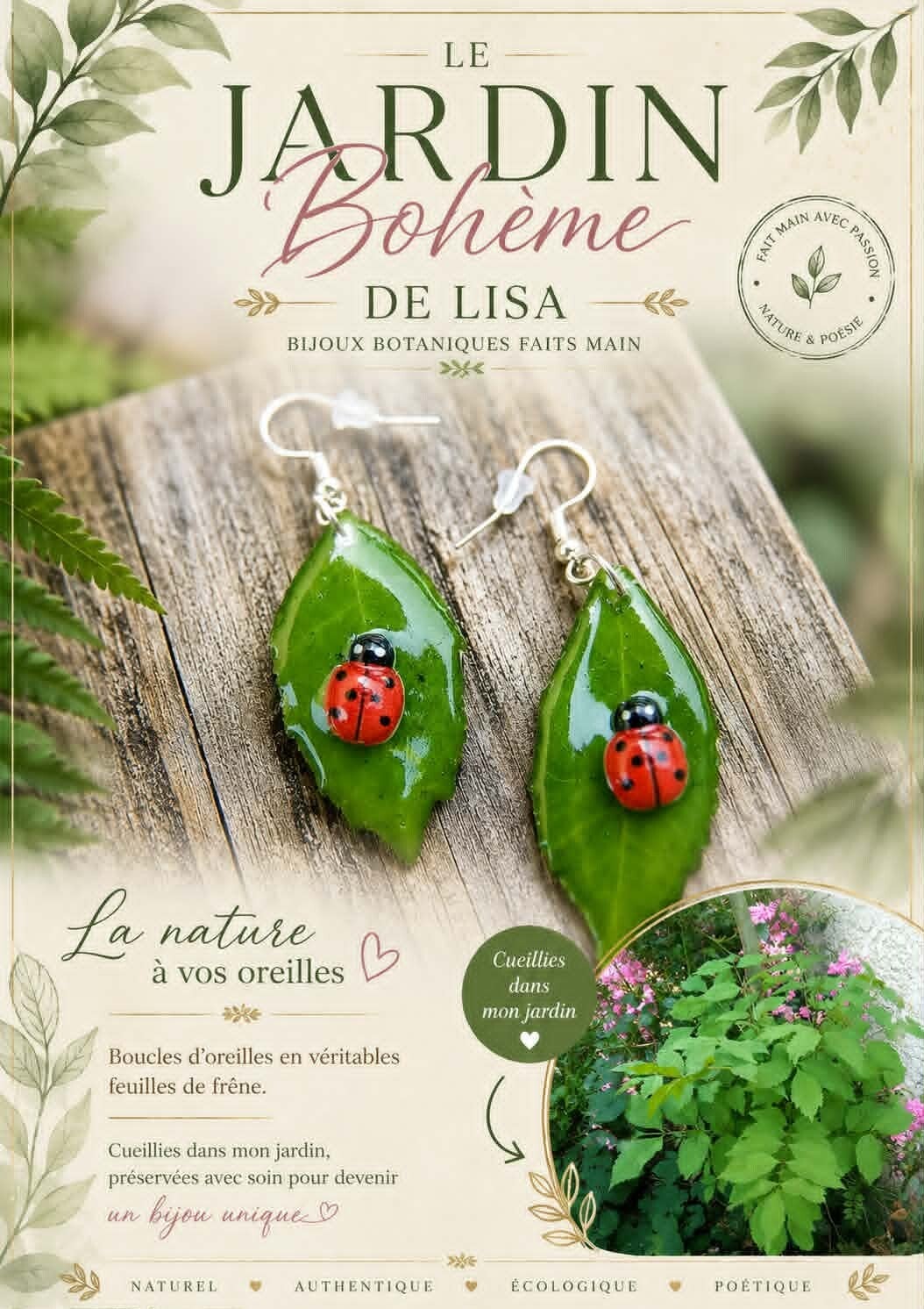 🐞 Boucles d'Oreilles fleurs séchées - Feuilles du Frêne - "Demoiselle du Frêne" 🐞
