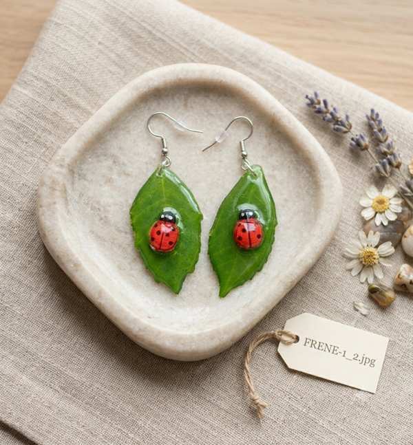 🐞 Boucles d'Oreilles fleurs séchées - Feuilles du Frêne - "Demoiselle du Frêne" 🐞