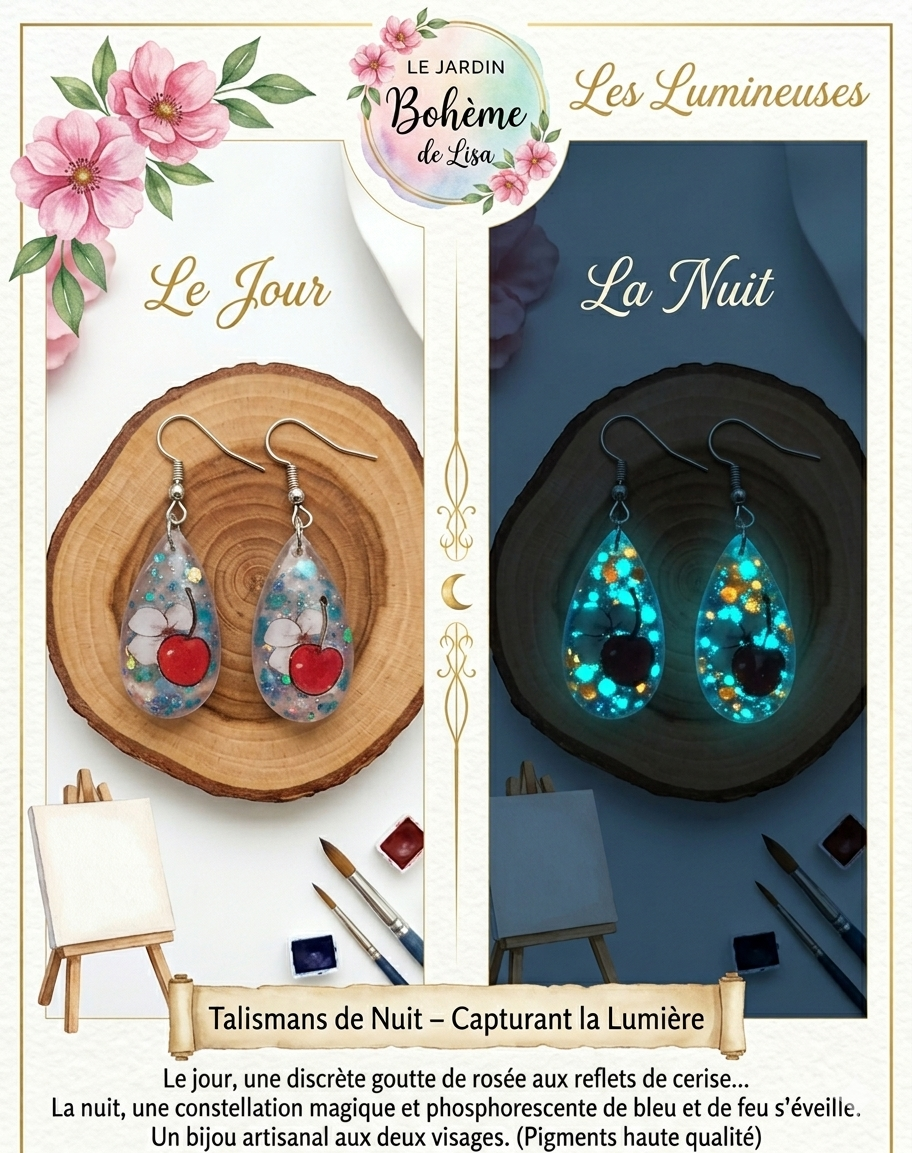 💧Boucles d'oreilles - Collection Gouttes Enchantées & Lumineuses - "Cerise Gourmande II" -  30 mm.