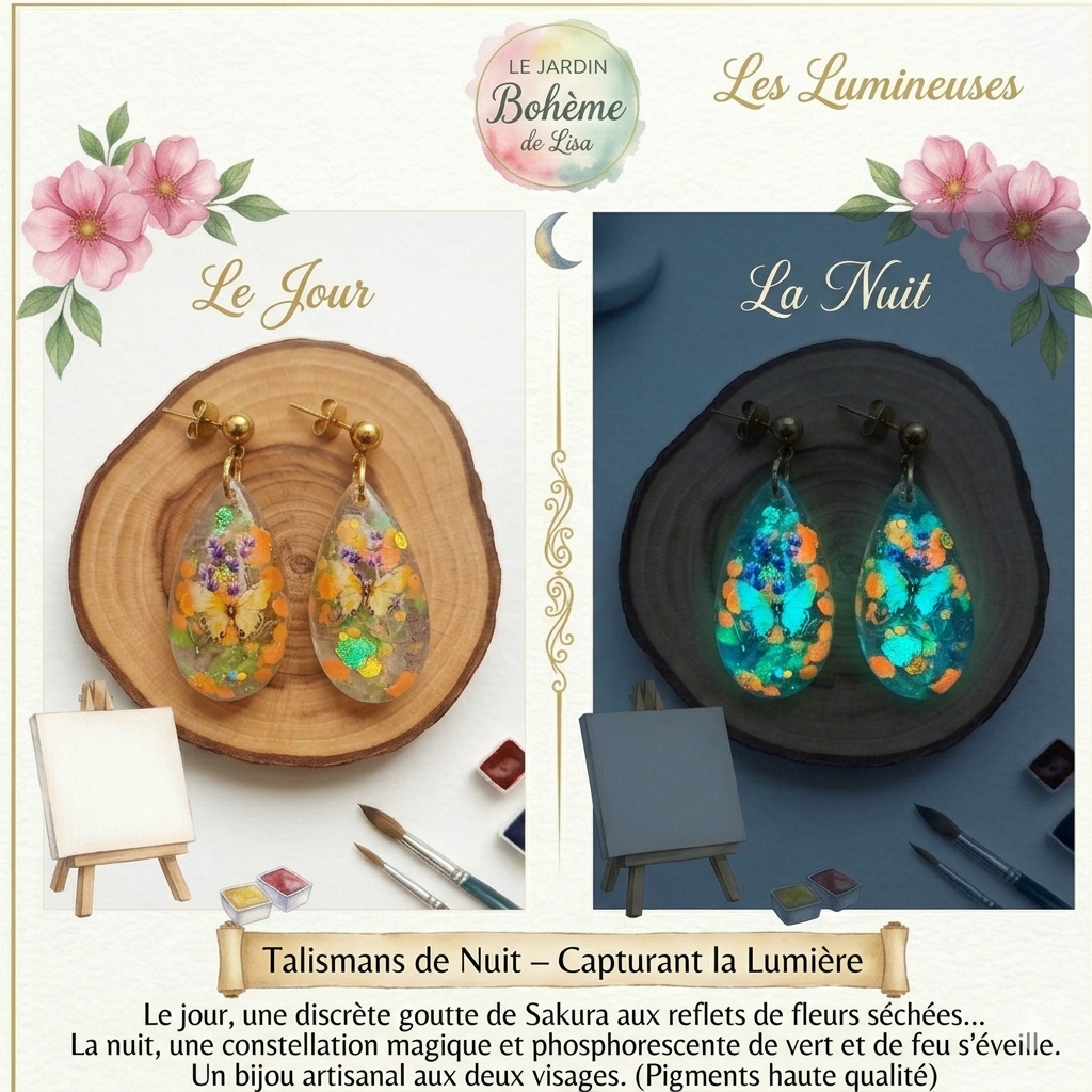 💧Boucles d'oreilles - Collection Gouttes Enchantées & Lumineuses - "Jardin des Papillons" -  30 mm.