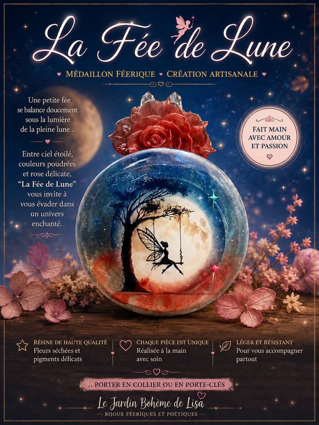 🧚Médaillon Artisanat d'Art - La Fée de Lune 🧚