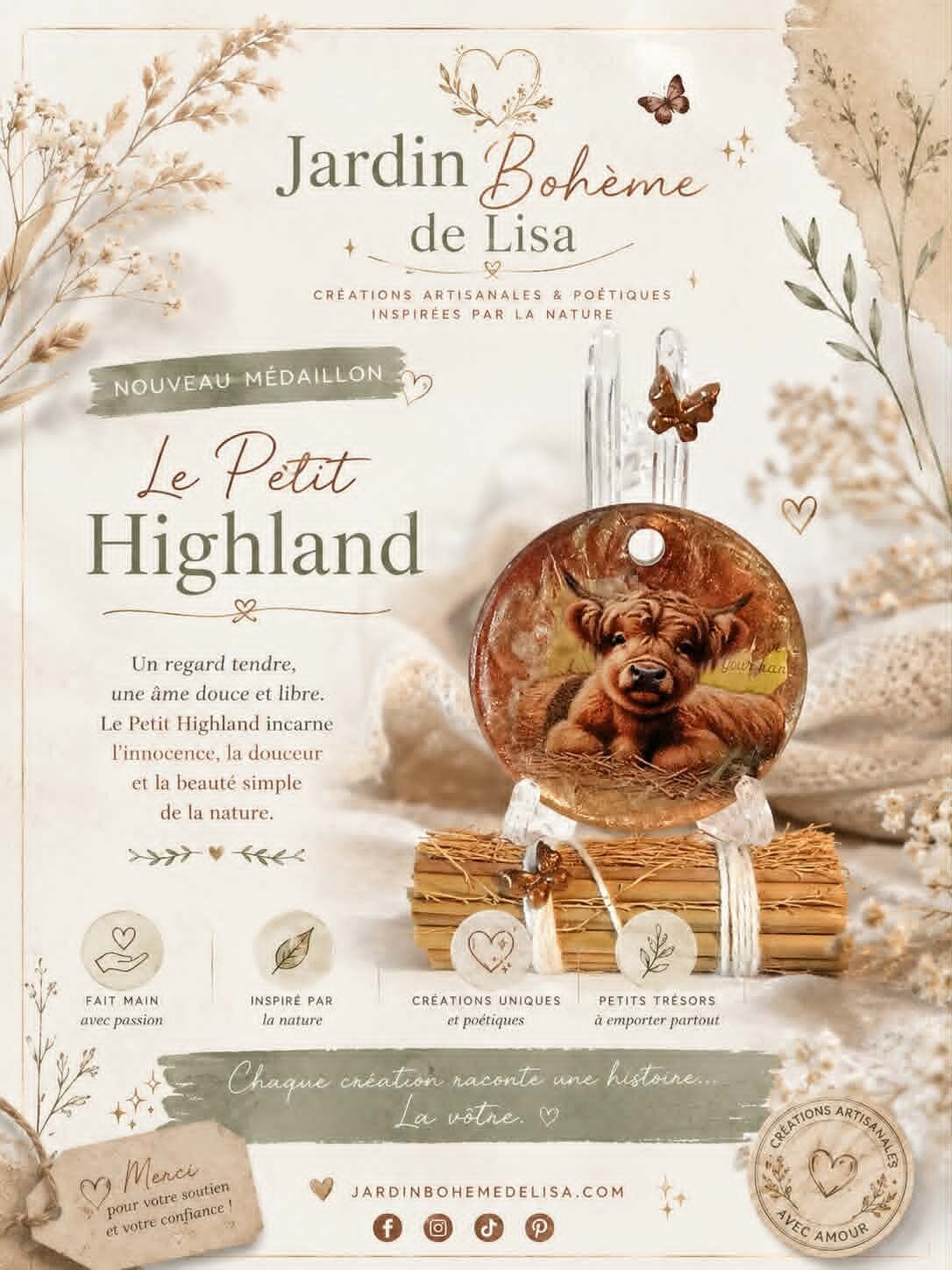 🤎🐮Médaillon Artisanat d'Art - Le Petit Highland 🤎🐮.