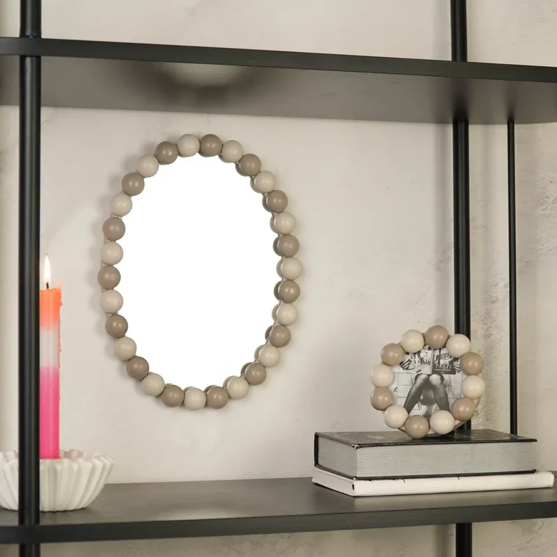 Wand Spiegel met Bolletjesrand - Zand/ Taupe - 29x22.5cm