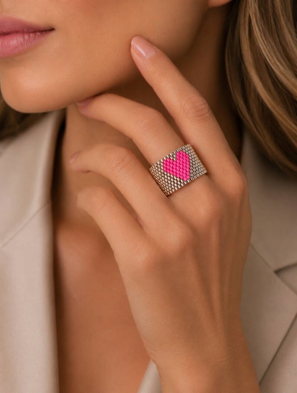 Miyuki ring pink heart silver