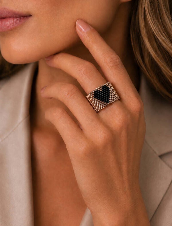 Miyuki ring black heart silver