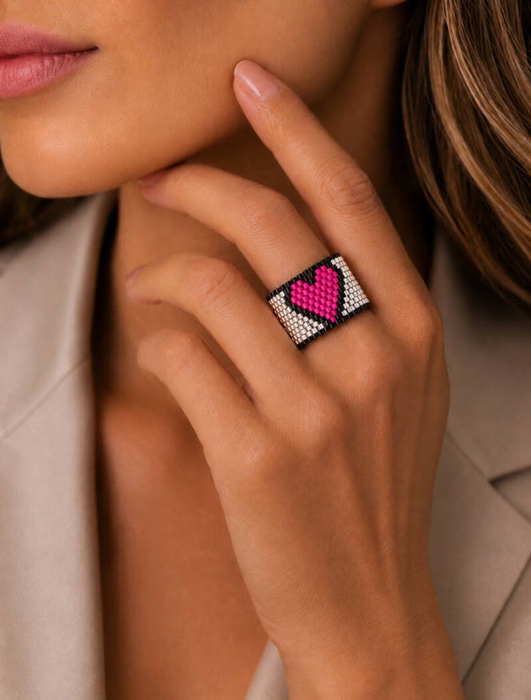 Miyuki ring pink heart black silver