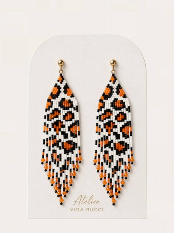 Orange Leopard Fringe Earrings