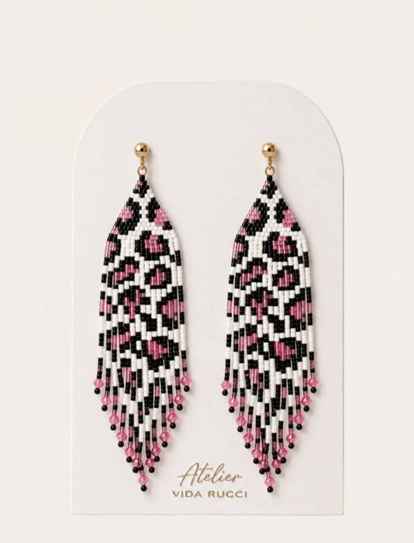 Pink Leopard Fringe Earrings