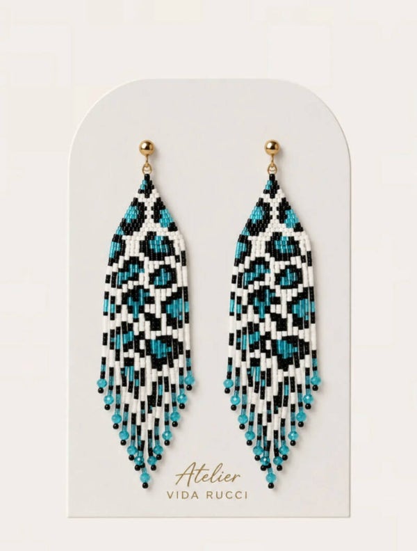 Blue Leopard Fringe Earrings