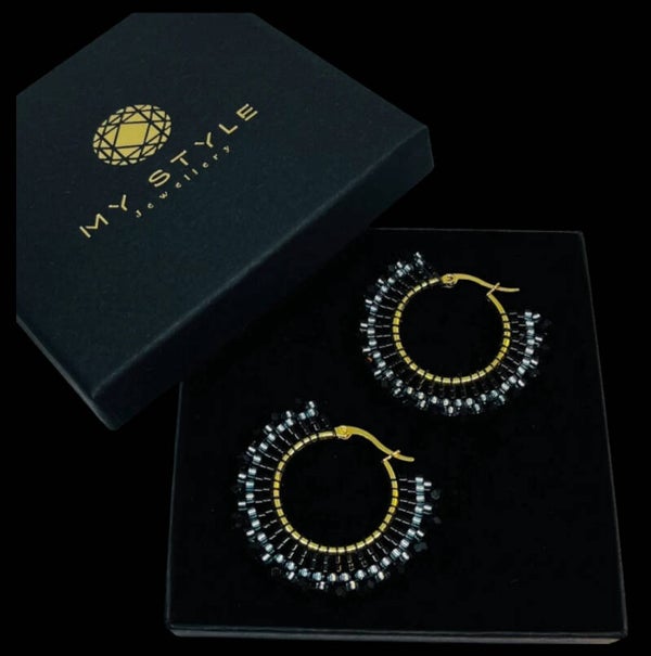 Statement oorbellen creool zwart - blauw - goud