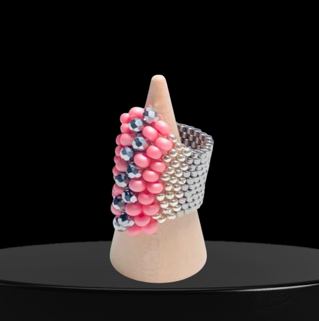 Glamour ring beading art silver / pink