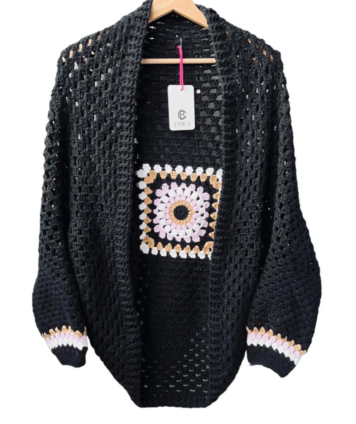 Gehaakt cocoon vest Mandala zwart
