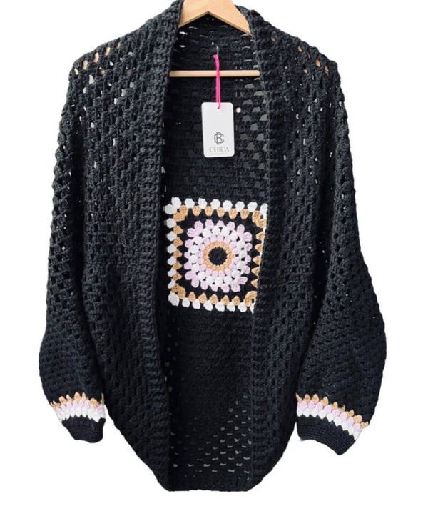 Gehaakt cocoon vest Mandala zwart