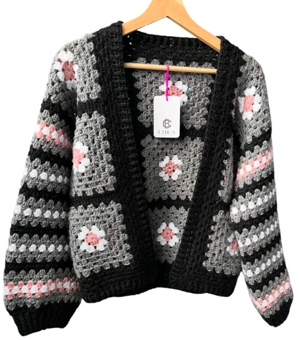 Granny Square vest meerkleurig zwart roze