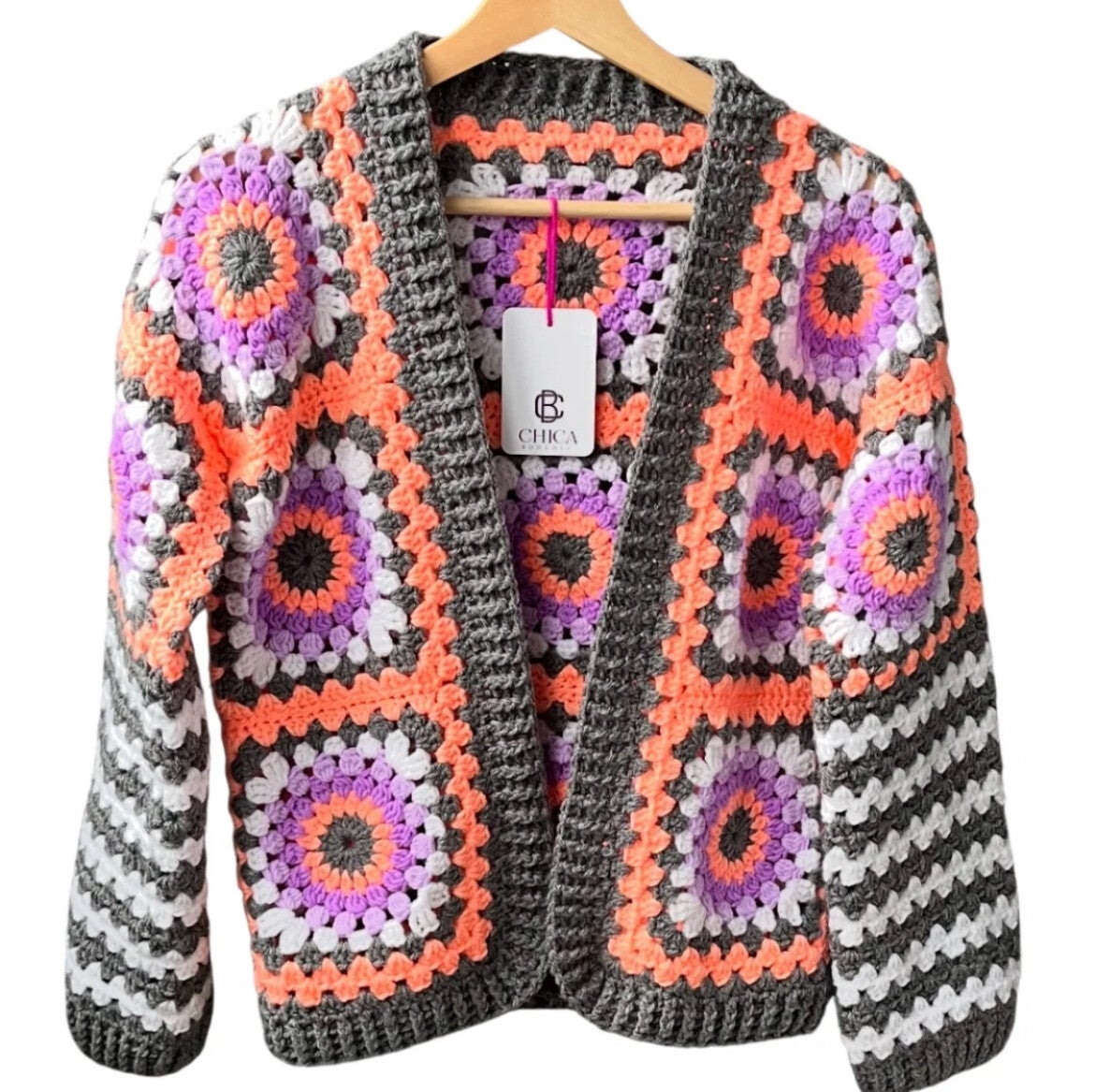Granny square vest sunburst meerkleurig koraal paars