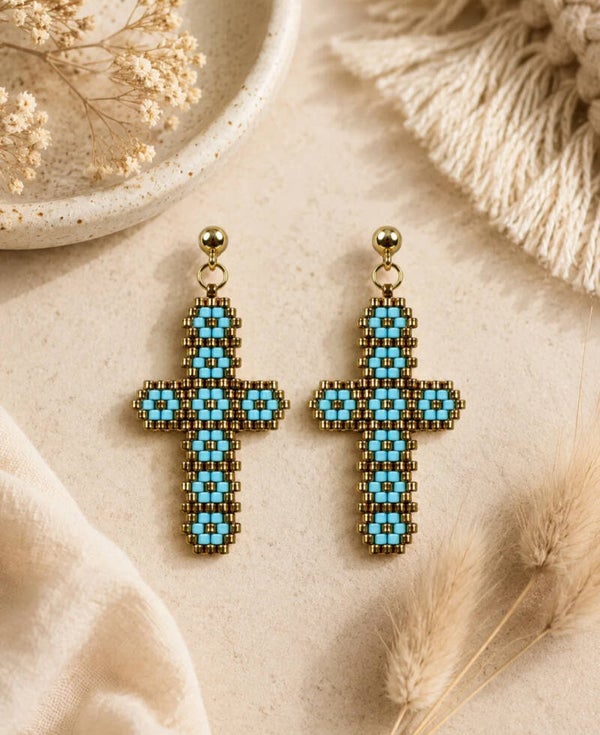 Cross Of Faith Earrings Gold Turquoise