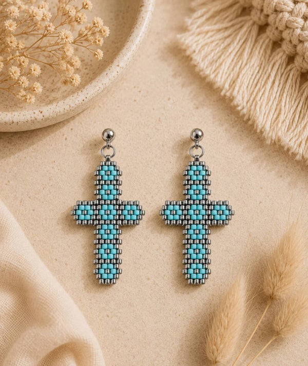 Cross Of Faith Earrings Silver Turquoise
