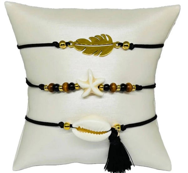 Armbandenset bohemian naturals franje en kauri schelpje