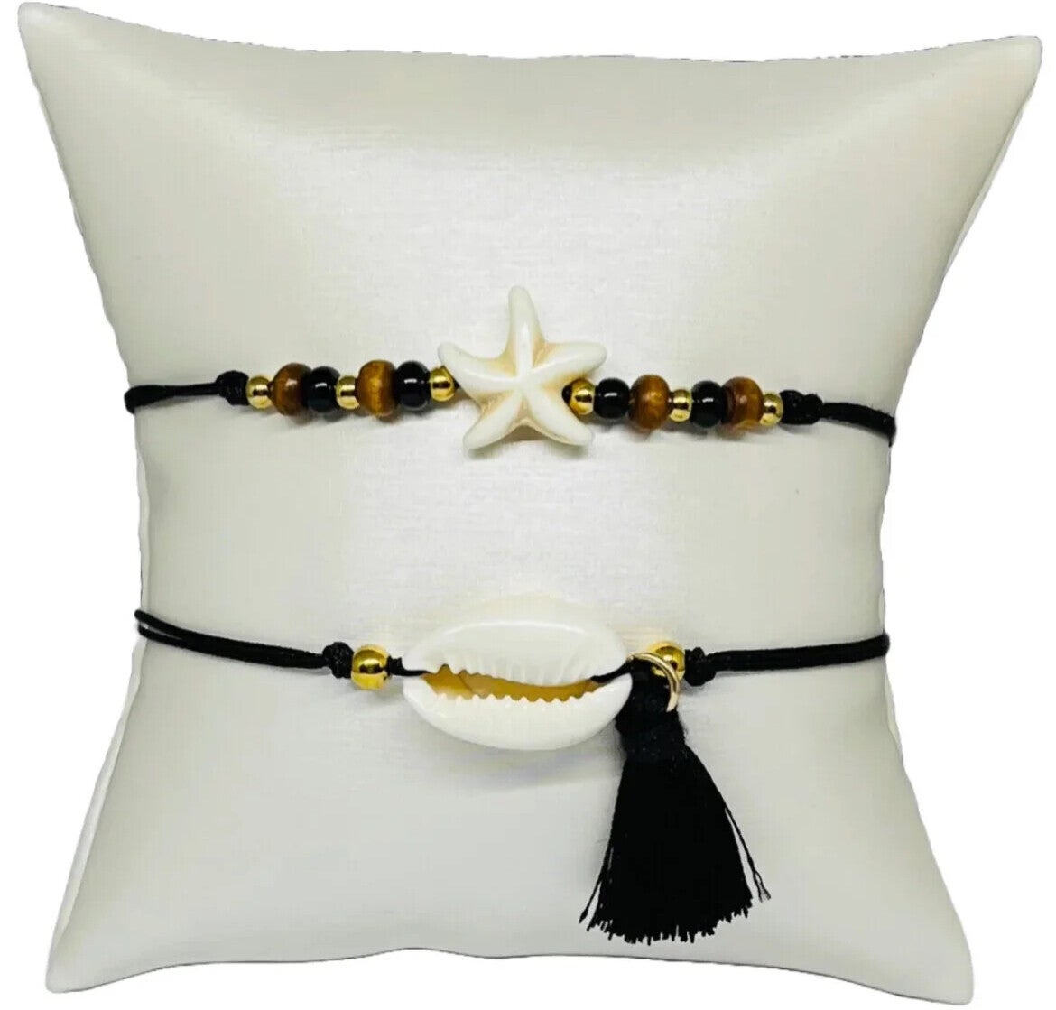 Armbandenset bohemian naturals met zeester kauri schelpje en franje