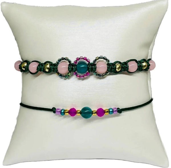 Armbandenset met gouden roze en groene kralen