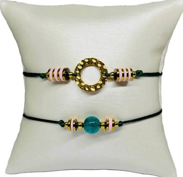 Armbandenset met gouden roze en groen kralen