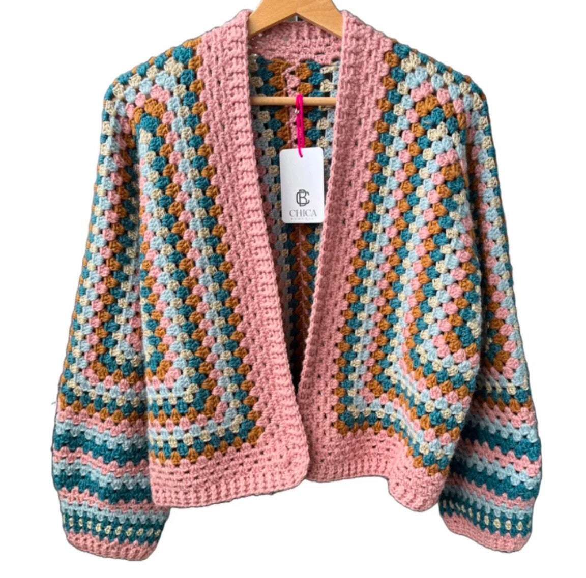 Hexagon gehaakt vest meerkleurig roze