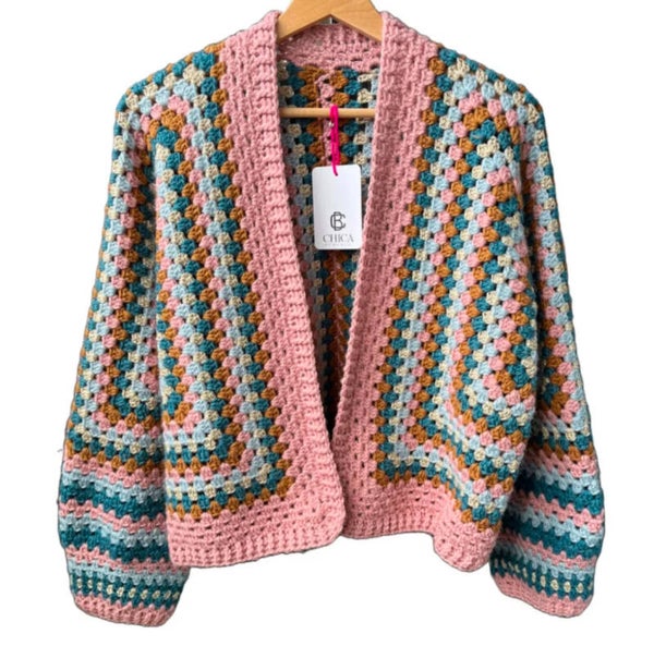 Hexagon gehaakt vest meerkleurig roze