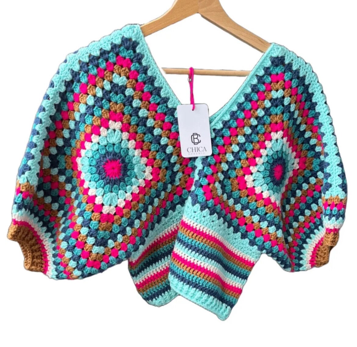 Granny square top meerkleurig turquoise roze