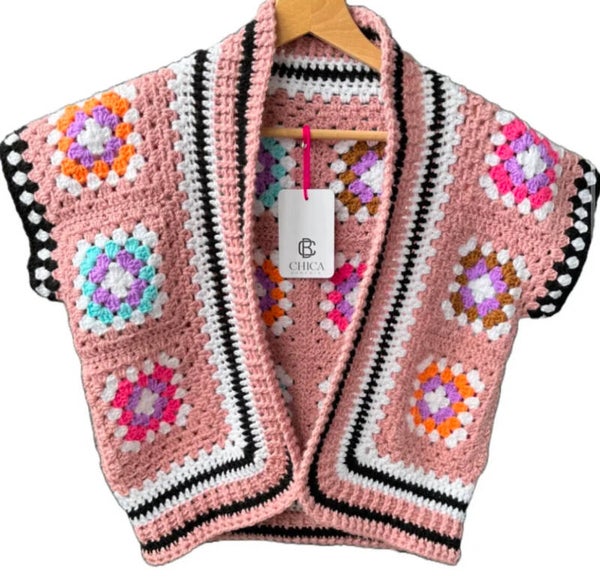 Granny square vest korte mouw meerkleurig roze