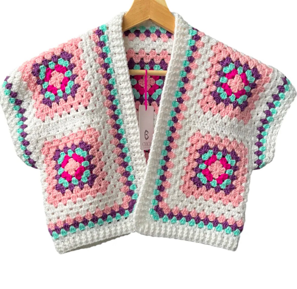 Granny square kort vestje meerkleurig wit