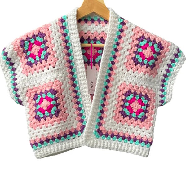 Granny square kort vestje meerkleurig wit