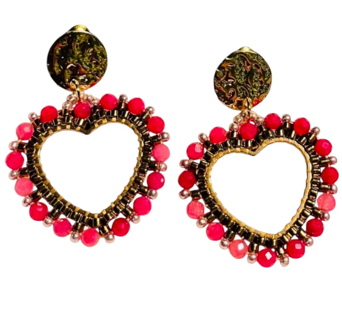 Natuursteen oorbellen rose red quartz Royal heart