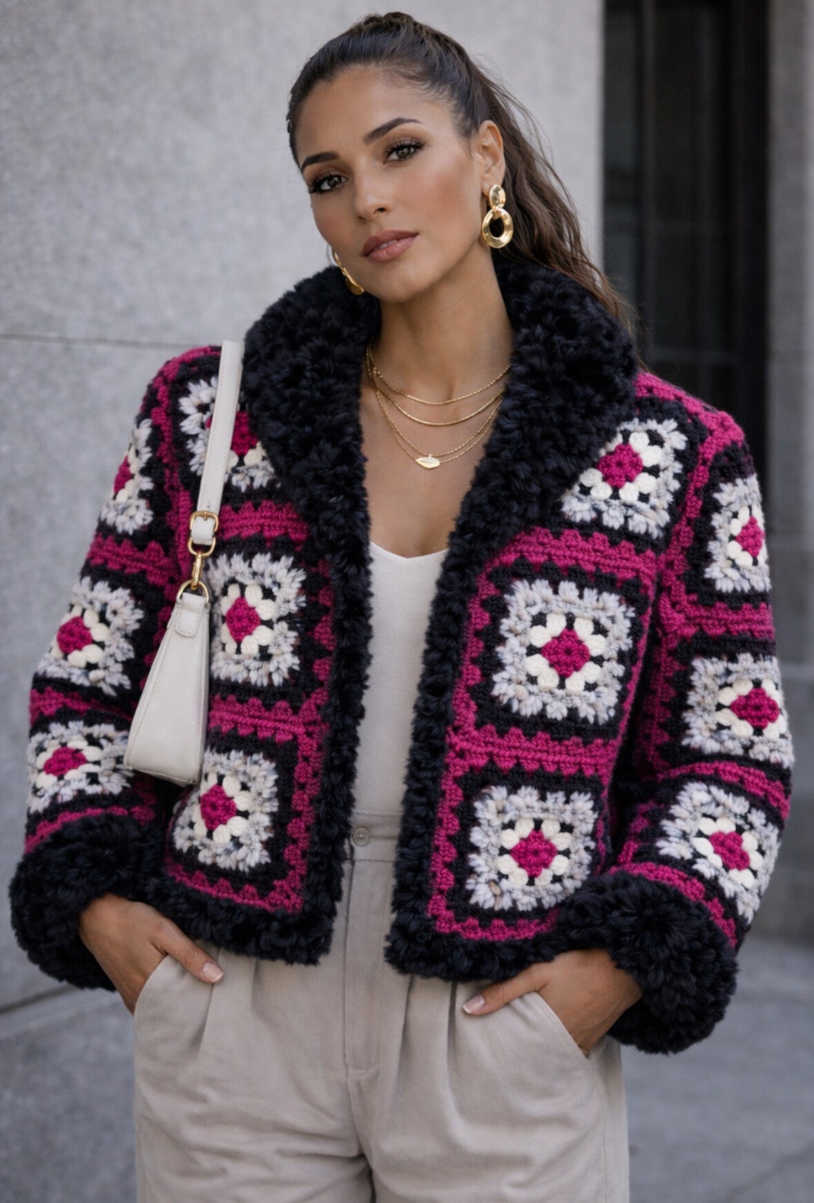 Granny square cardigan coat Boho Soul La Vie Fuchsia