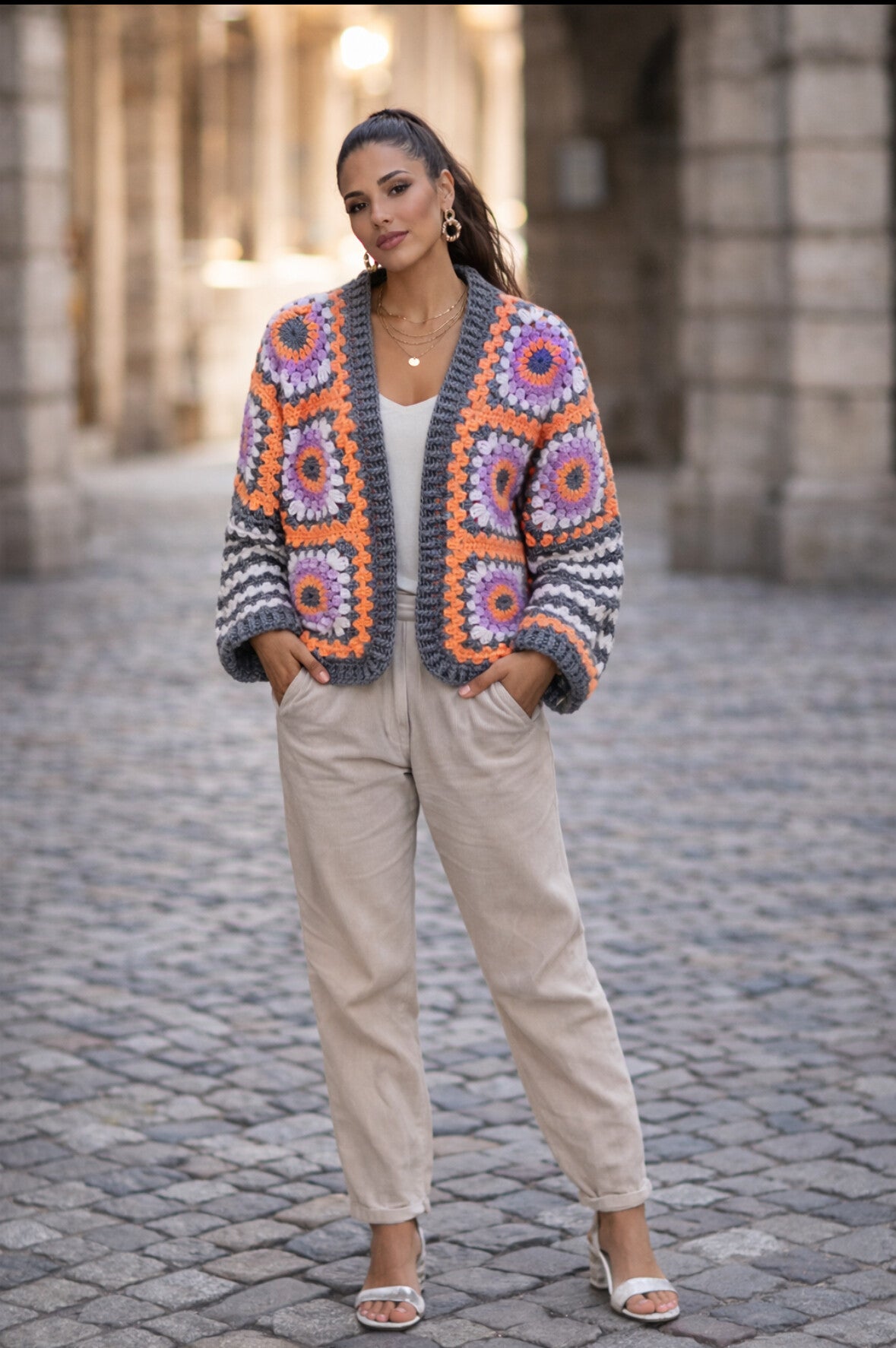 Granny square vest sunburst meerkleurig koraal paars