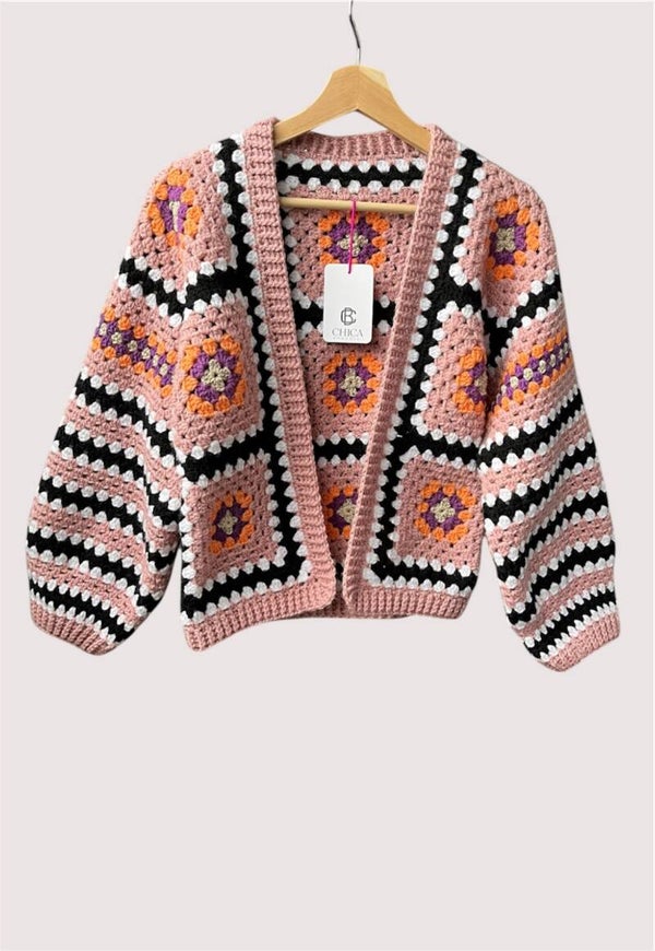 Granny square vest meerkleurig roze