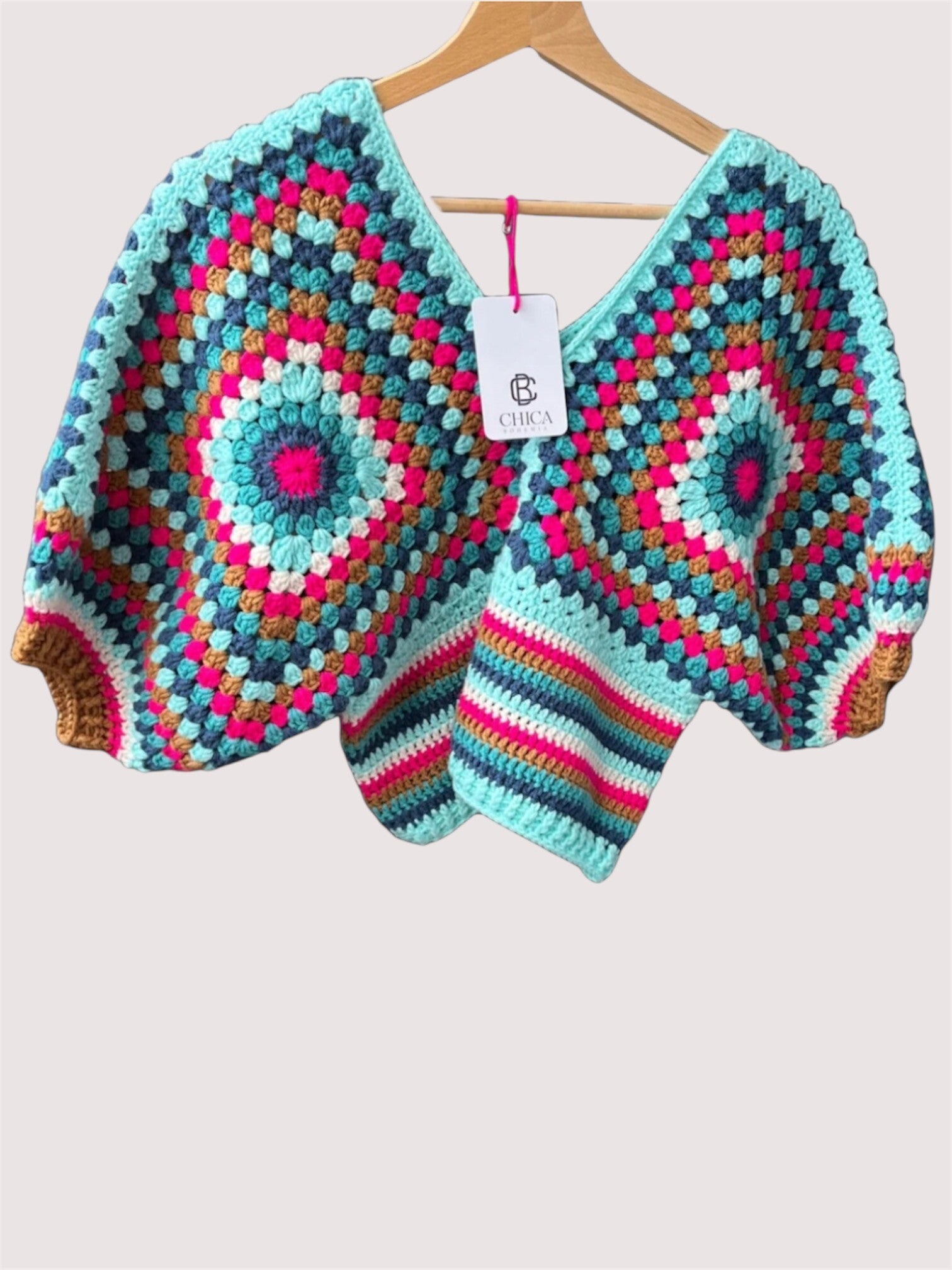 Granny square top meerkleurig turquoise roze